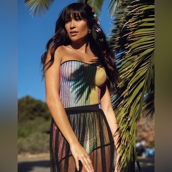 Leg Avenue Pants - RAINBOW Fishnet Rainbow Strapless Romper